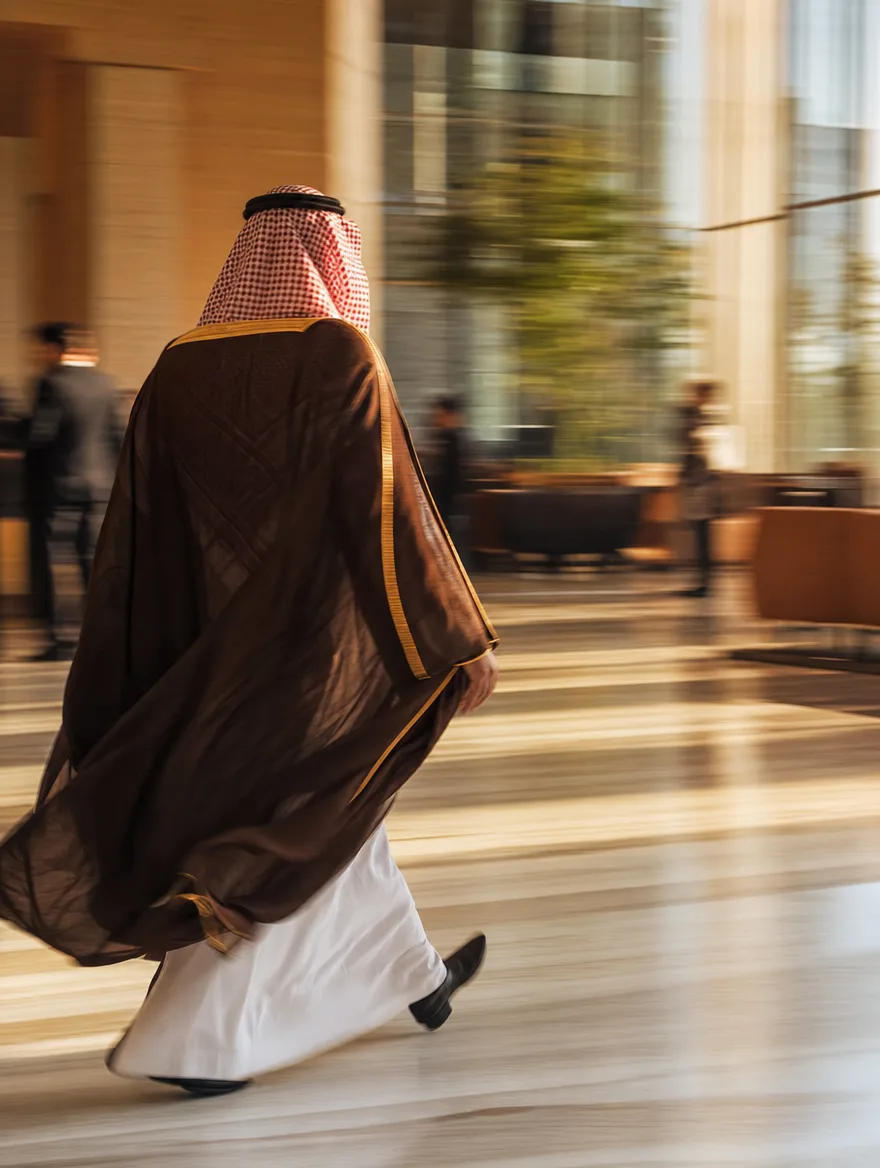 تنفيذي سعودي بالبشت يمشي بسرعة في بهو مكتب، صورة دافئة فيها حركة
