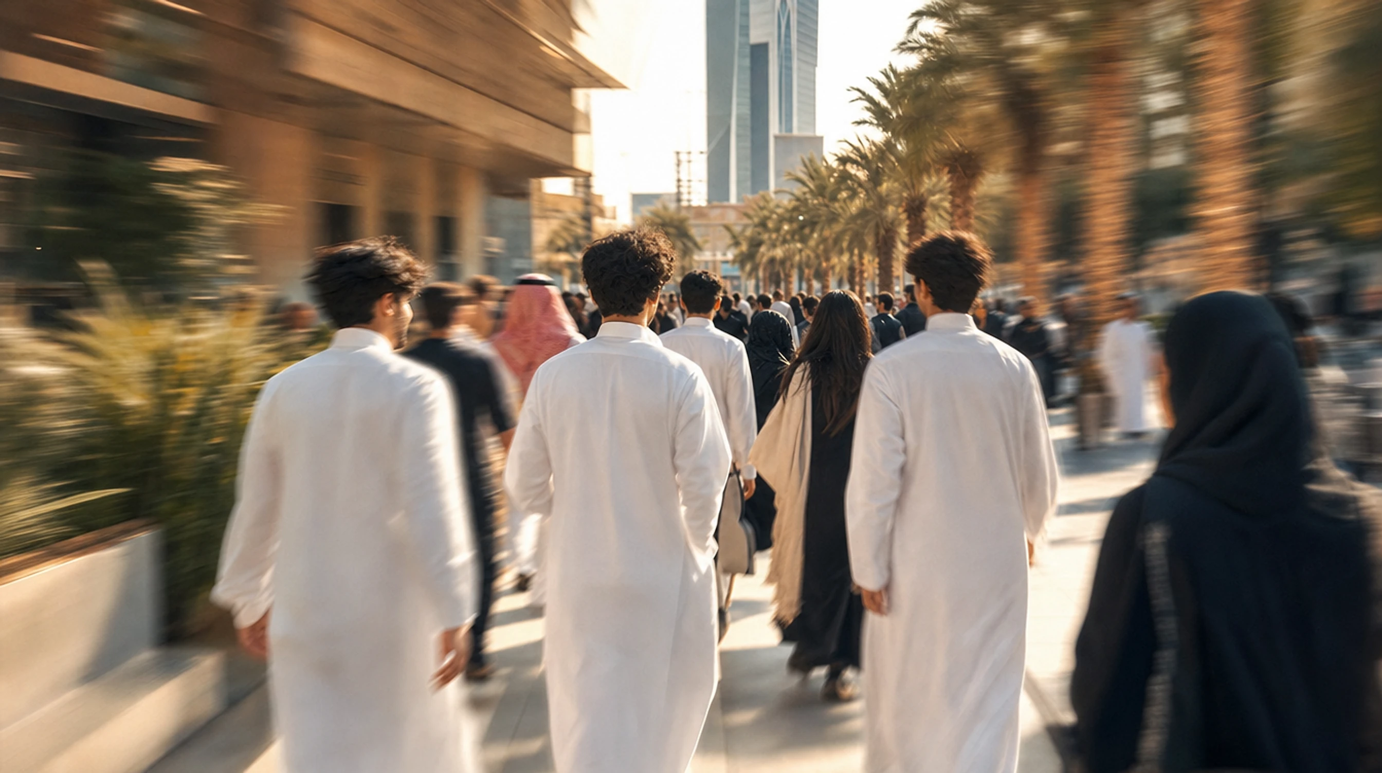 مجموعة شباب سعوديين يمشون في شارع حديث مشمس