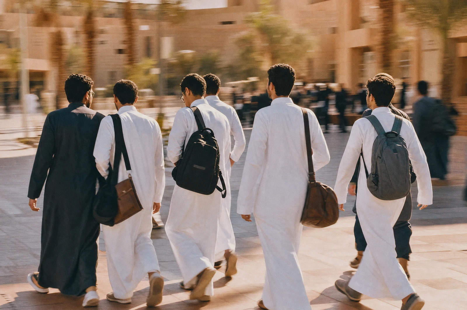 طلاب سعوديون يمشون في حرم الجامعة في ضوء الغروب